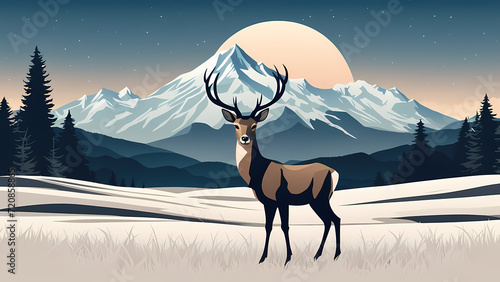 Abstract background of deer with mountain hill background. Fantasy landscape graphic illustration. Template for your design works ready to use.