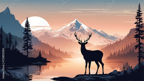 Abstract background of deer with mountain hill background. Fantasy landscape graphic illustration. Template for your design works ready to use.