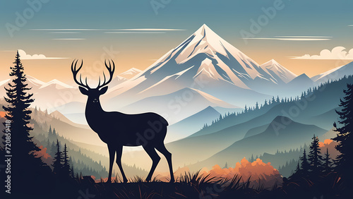 Abstract background of deer with mountain hill background. Fantasy landscape graphic illustration. Template for your design works ready to use.