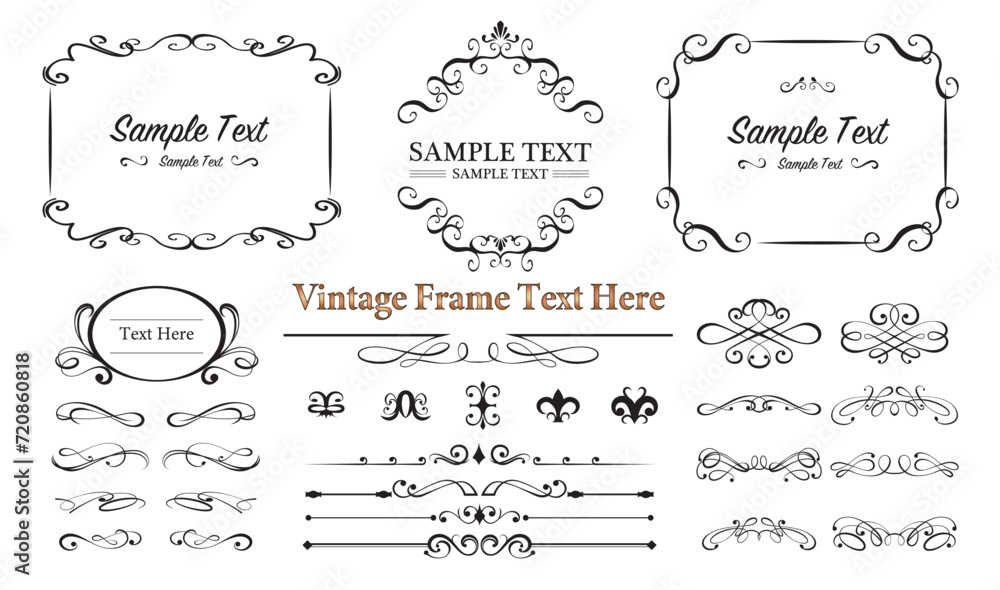 Vintage borders and frames. Set of text delimiters. Vector illustration. - obrazy, fototapety, plakaty 