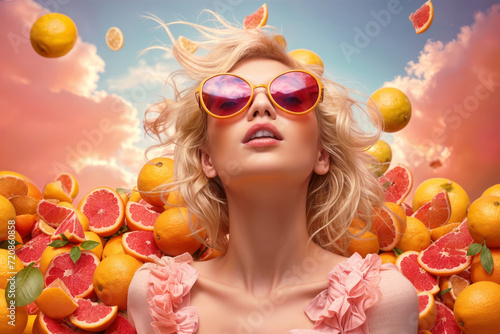 pretty young woman in sunglasses with flying fruits ,who enjoying summer on sky background