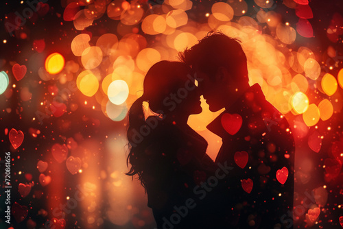 Couple in love on a background of bokeh lights, Generative Ai