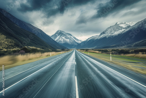 A dynamically blurred road with a sense of speed through mountains.