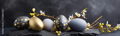 Panel kuchenny z motywem Osterdekoration mit edlen, goldenen Eiern auf dunklem Schieferhintergrund