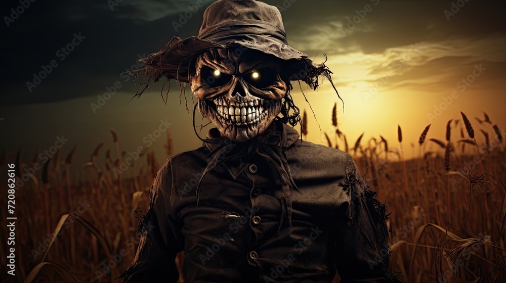 Sinister Smiling Scarecrow in Moonlit Field - Dark Cinematic Halloween Background AI Generated