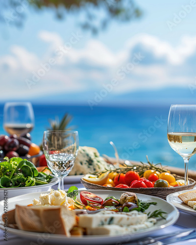 food on the table in front of the ocean 