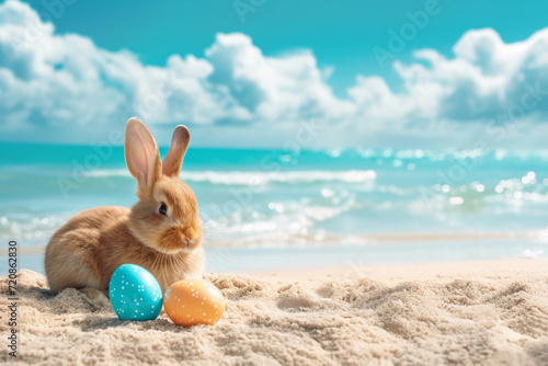 Easter bunny celebrate with colorful Easter eggs on sand beach. Easter travel background