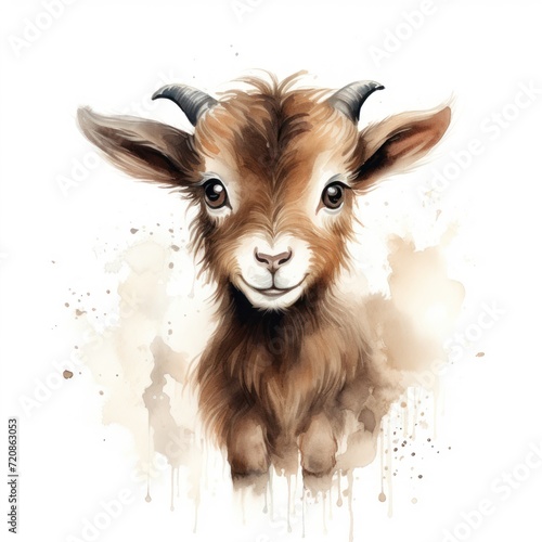 Portrait of a goat with horns on a white background. Digital painting. Generative AI