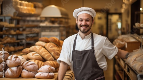 Portrait of a smiling male baker standing in bakery with fresh bread Generative AI