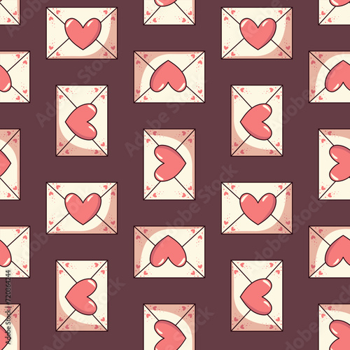 Walentynkowe tło bezszwowe w koperty i serduszka. Listy miłosne na ciemnym tle.