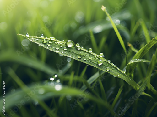 Ai generative a Design an immersive background with a focus on the intricate details of dewdrops on blades of grass, showcasing the beauty of morning freshness