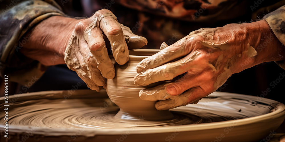 Master potter shaping clay on wheel in artisan workshop Master potter shaping clay on wheel in artisan workshop