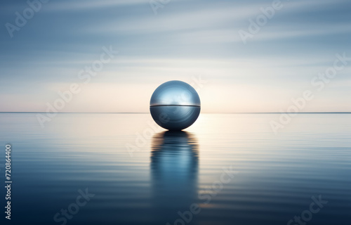 Serene dawn with metallic sphere reflecting horizon