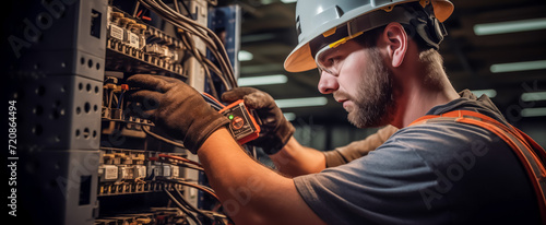 Skilled electrician testing electrical panel with multimeter photo