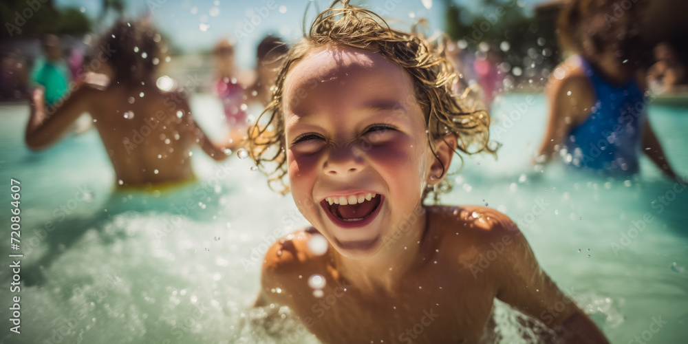 Exuberant child laughing in the pool on a sunny day Exuberant child laughing in the pool on a sunny day