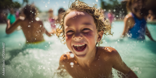 Exuberant child laughing in the pool on a sunny day