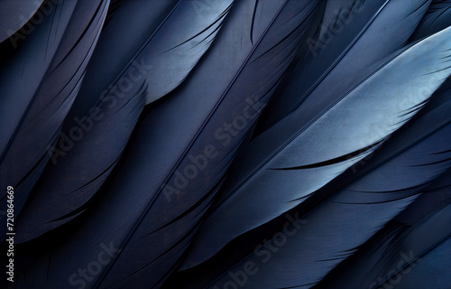 Elegant dark blue bird feathers texture close-up