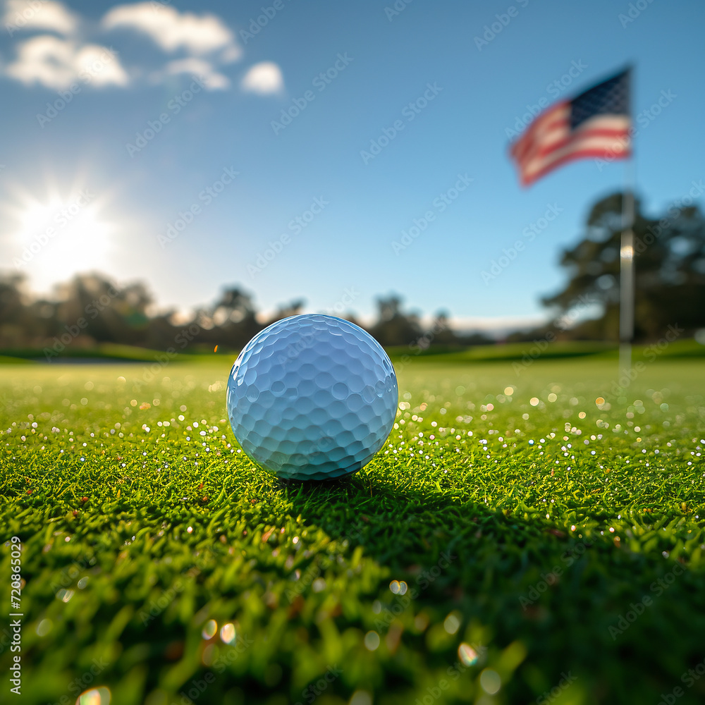 Obraz premium Golf ball on the golf course - American flag in the background