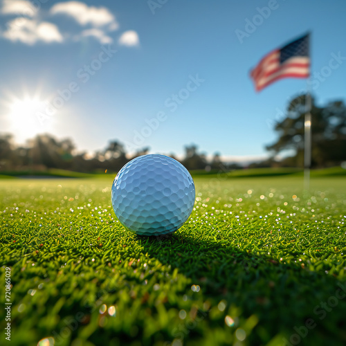 Golf ball on the golf course - American flag in the background photo