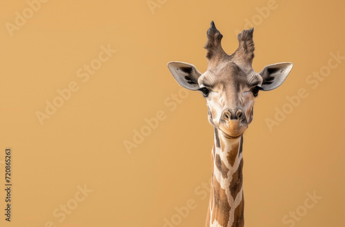giraffe head and neck on orange background with copy space 