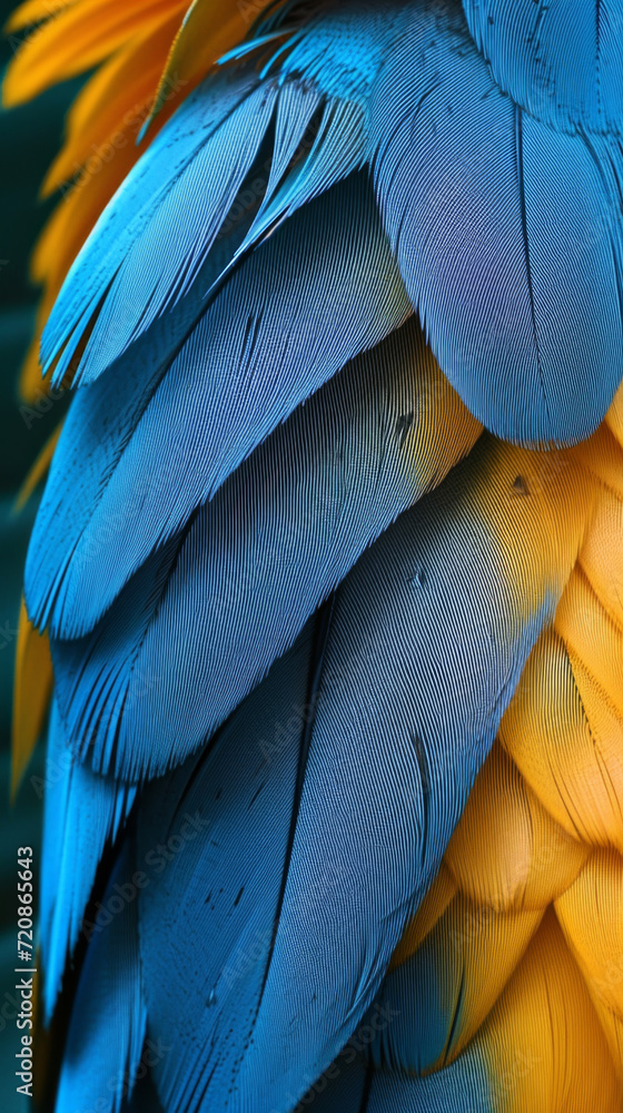 The feathers are blue and yellow. The feathers are blue and yellow.