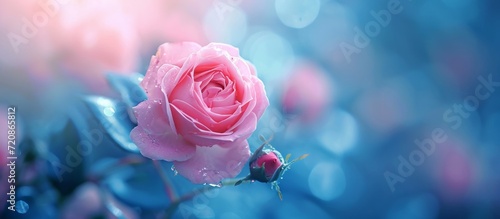 Vibrant Pink Rose Blooms in a Blue World