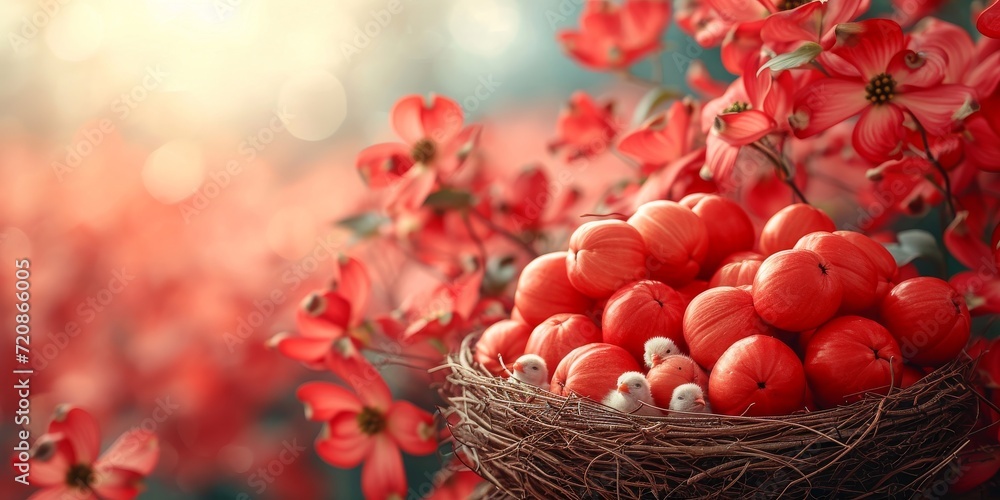 Red berries in a nest with floral background Red berries in a nest with floral background
