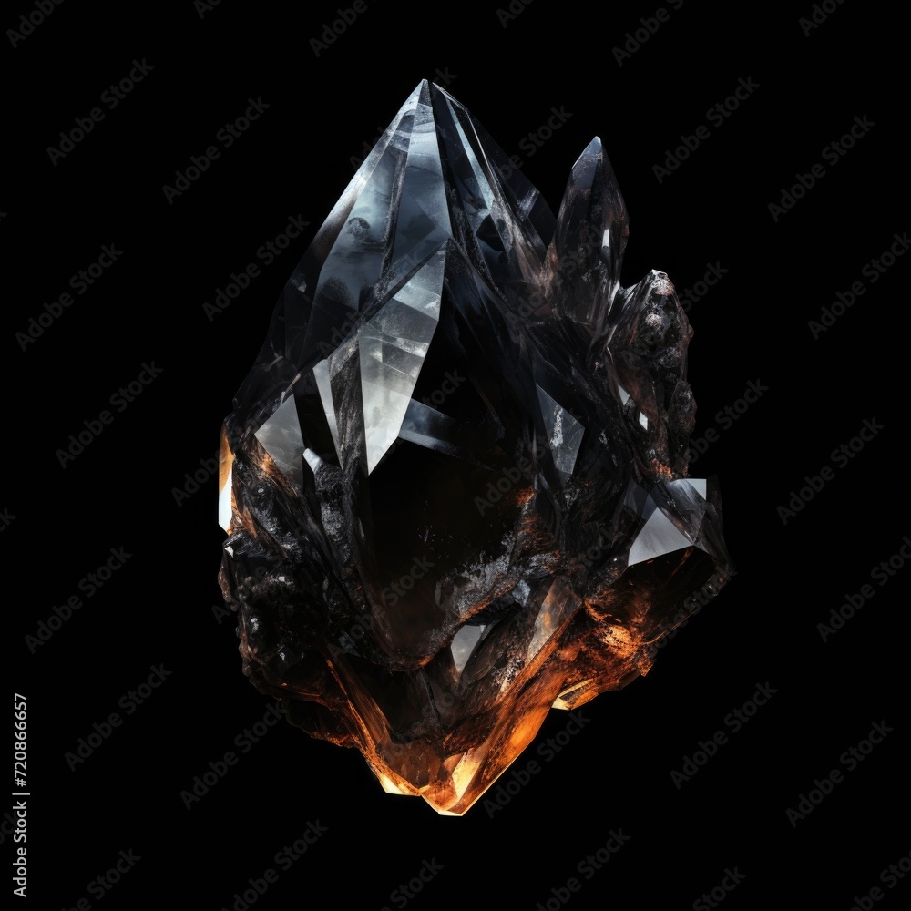 Black crystal onyx gem isolated on black background. Natural precious mineral stone artistic illustration