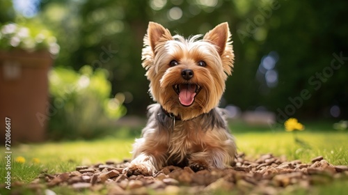 A happy Yorkshire terrier eats from a bowl on green grass street background. Dog smiles and looks at the camera, food flies around the puppy, a banner with an empty space for the text. © StasySin