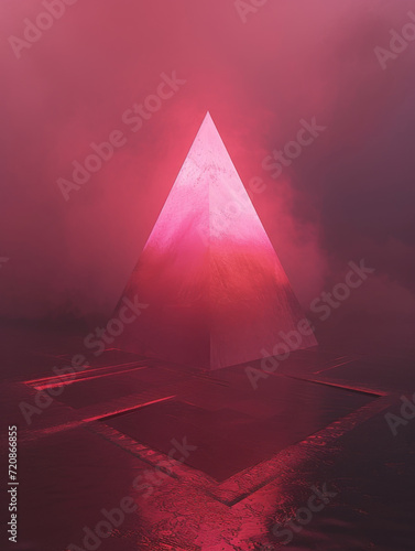 The shape of a pink pyramid is illuminated by light.