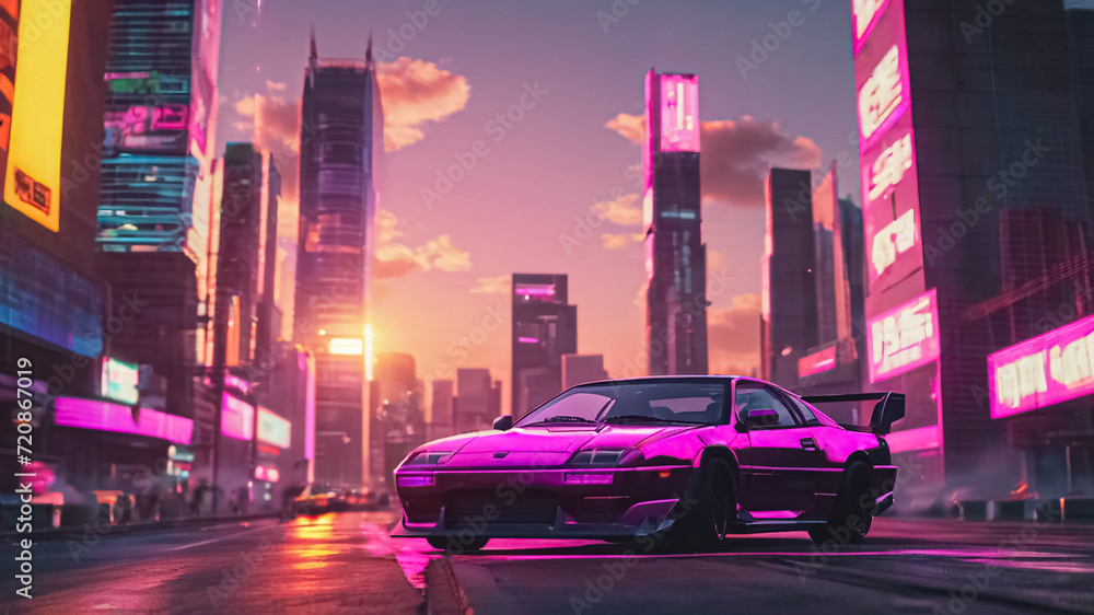 Purple sport car in the middle of the road in a mega city