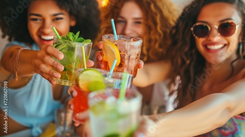 Multiracial friends enjoying happy hour toasting fresh mojito cocktails at open bar - Happy group of young people celebrating summer party together - Life style food and beverage concept