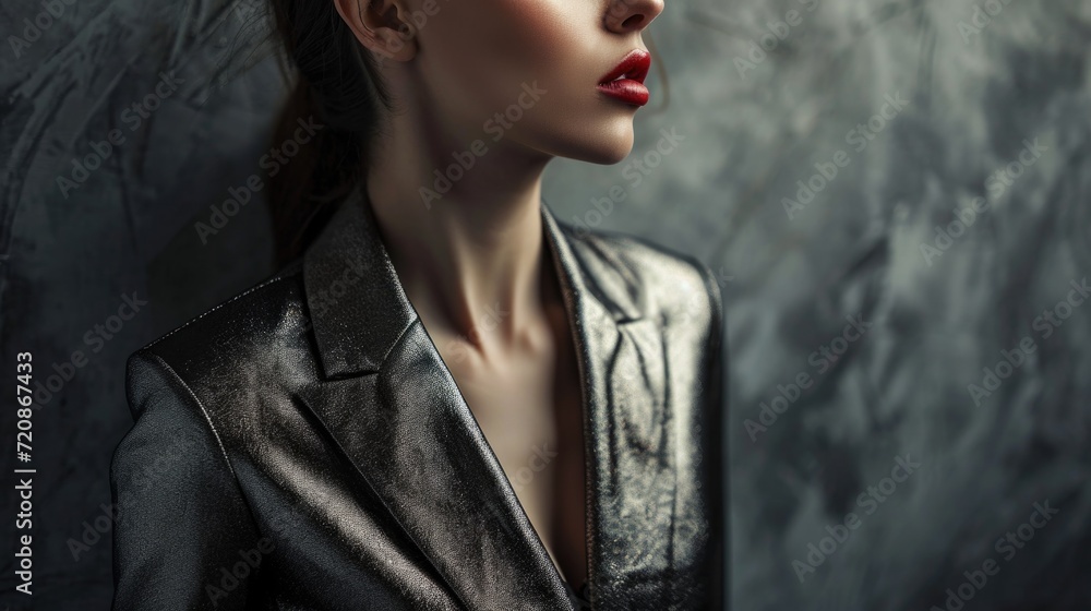 Fashion portrait of a girl in metallic jacket . The trend for metallic clothing in 2024. sequined clothes with a beautiful shine. Fashion portrait of a girl in metallic jacket . The trend for metallic clothing in 2024. sequined clothes with a beautiful shine.