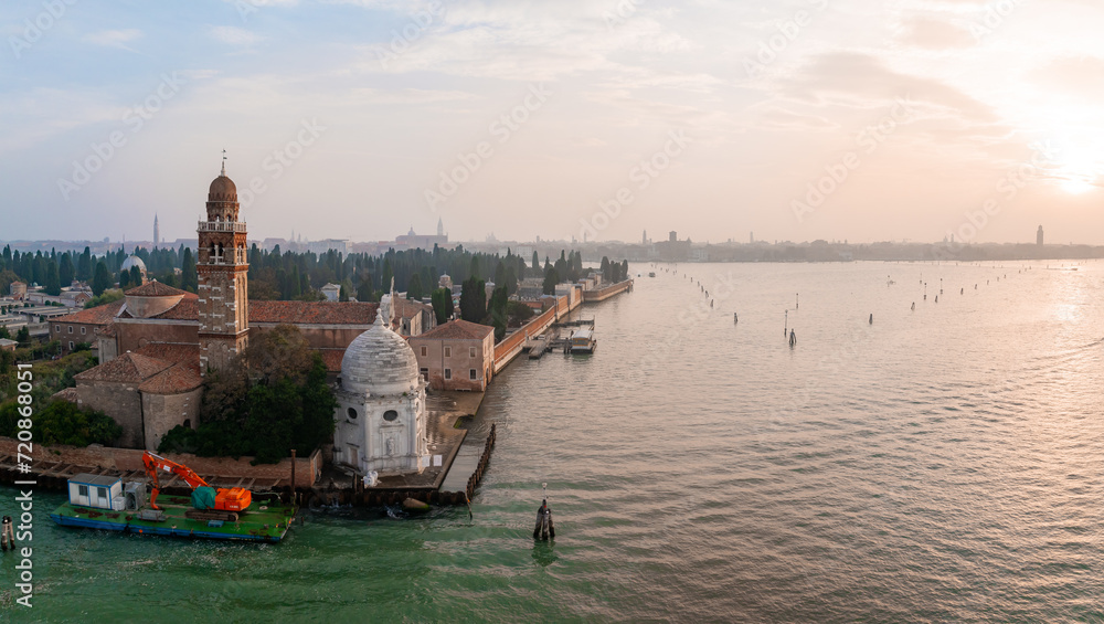 Obraz premium Aerial view of historic Saint Michele cemetery island near Murano and Venice, Italy