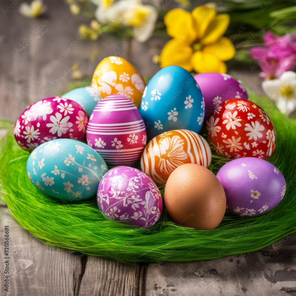 Stylish Easter eggs in wooden plate