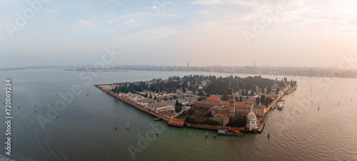 Fotografie Aerial view of historic Saint Michele cemetery island near Murano and Venice, It