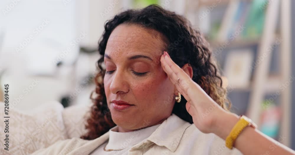 Woman, hand and headache pain or temple stress in apartment for burnout anxiety, brain fog or migraine. Female person, fingers and vertigo fatigue or dizzy head in home for tension, fail or worry Woman, hand and headache pain or temple stress in apartment for burnout anxiety, brain fog or migraine. Female person, fingers and vertigo fatigue or dizzy head in home for tension, fail or worry
