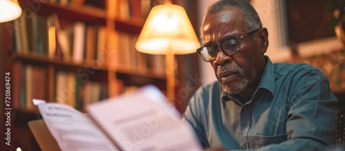 A thoughtful, older African American man, wearing glasses, working at home with a laptop, analyzing documents related to business and online trading. photo
