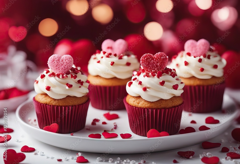 Valentine's Day sprinkles decorated plate white heart cupcakes focus Love Selective hearts Festive concept