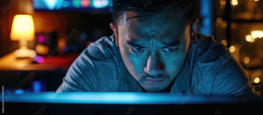 An angry Asian male hacker is deeply invested in his computer.