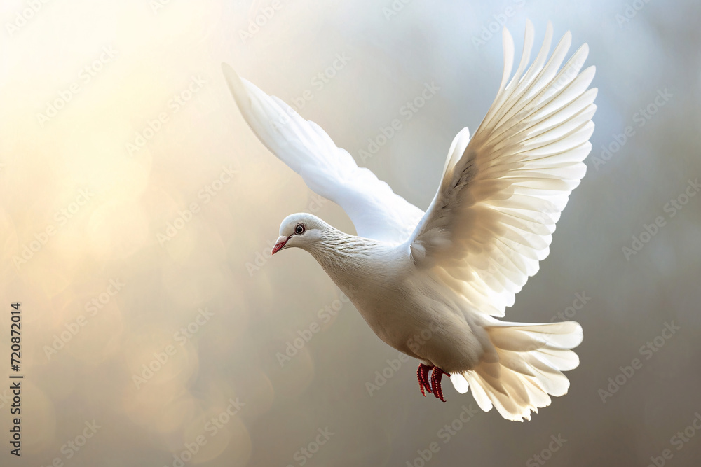 Obraz premium Fliegende Taube im Licht, Zeichen für Frieden, Religion, Christentum, Ostern, Freiheit, Hochzeit, Liebe