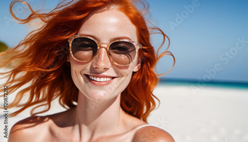 Healthy travel lifestyle concept: Happy redhead woman with freckles smiling at the white sand beach and enjoys sunny day out