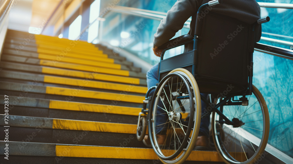 Wheelchair lack off accessible environment. Disabilityfriendly spaces