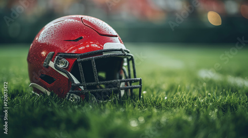 Red American football helmet on the grass. © Windawake