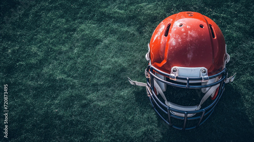Red American football helmet on the grass. Top view.