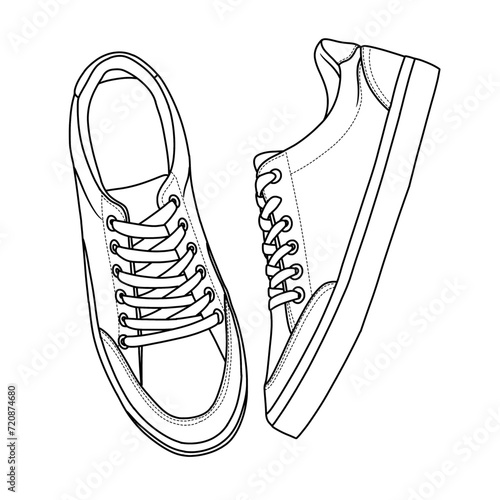 Template vector illustration of Men’s Low Top Canvas Shoes Lace-up Sneakers, suitable for your custom sneaker design, outline vector doodle illustration, side and top view isolated on white background