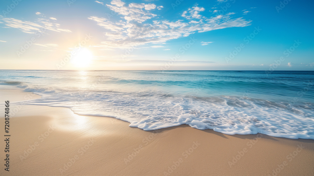 Serene beach view. Coastal paradise scene. Image captures the beauty of a tranquil beach, featuring sand, waves, and a peaceful seascape.