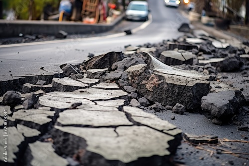 Broken asphalt on the road in the city. Road repair concept. damaged roads which occurs accidents. Cracked road.