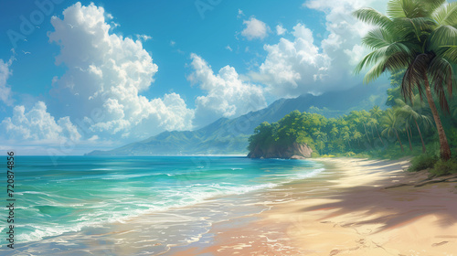 Serene beach view. Coastal paradise scene. Image captures the beauty of a tranquil beach, featuring sand, waves, and a peaceful seascape. © Stream Skins