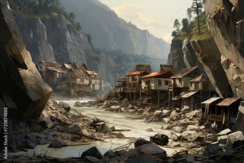 Fossilized village on the river bank in the mountains. natural disaster. homes destroyed by river landslide. river erosion. 3d illustration. photo